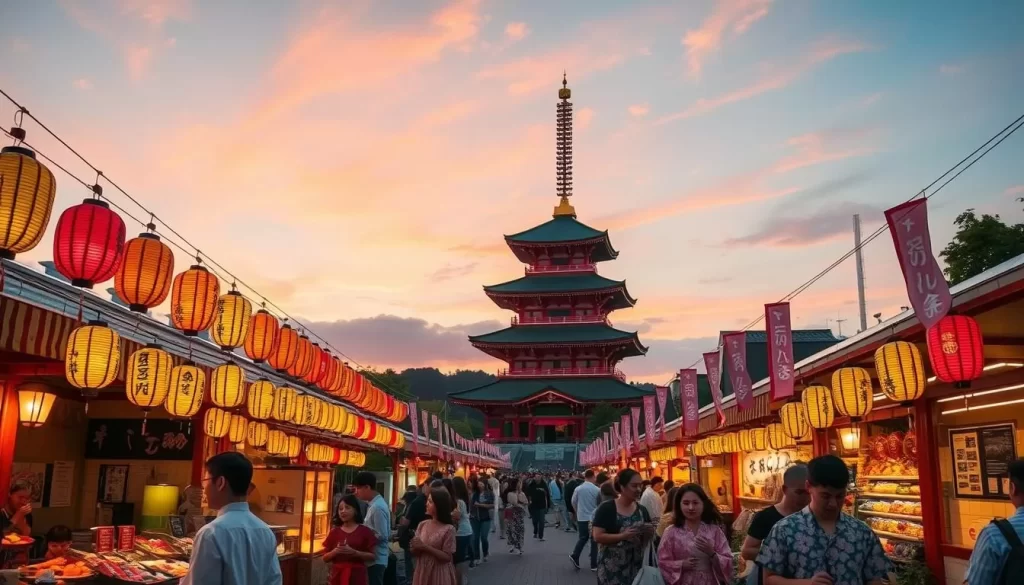 A warm summer evening in a vibrant Japanese festival, the air filled with the aroma of sizzling street food and the lively chatter of excited crowds. In the foreground, rows of colorful paper lanterns and festive banners sway gently in the breeze, casting a soft, golden glow over the scene. In the middle ground, people in traditional yukata stroll through lively stalls, sampling delicious local delicacies and perusing handcrafted trinkets. In the background, a classic pagoda-style temple stands tall, its intricate architecture silhouetted against a stunning sunset sky painted in hues of orange and pink. The overall atmosphere is one of joy, celebration, and the essence of early summer in Ibaraki Prefecture.