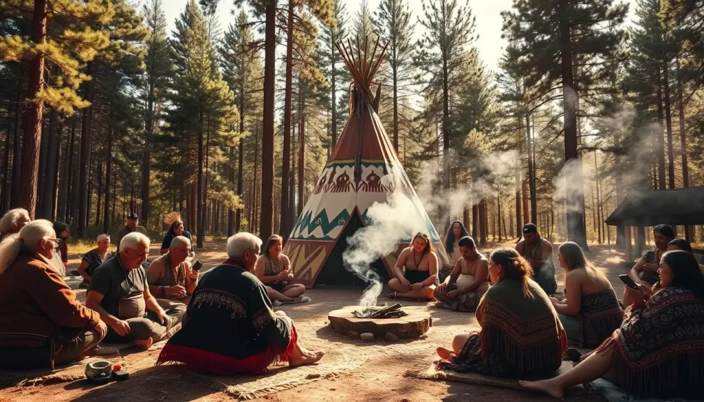 A warm, sun-dappled scene of a traditional Indigenous gathering in a serene forest clearing. In the foreground, a group of elders seated on woven mats, sharing stories and wisdom. Behind them, younger generations participate in vibrant cultural activities - drumming, dancing, and crafting intricate beadwork. Wispy smoke from a central fire pit drifts lazily upwards, creating a sense of timelessness. The mid-ground features a large, iconic teepee, its colorful exterior panels depicting ancestral symbols and designs. In the background, tall, verdant pine trees sway gently, framing the peaceful, reverent atmosphere. The overall scene conveys a strong, enduring connection to the land and a celebration of rich Indigenous heritage.