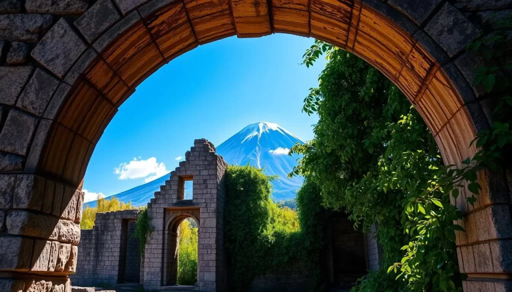 A weathered stone archway frames the remnants of a crumbling stone structure, its once-grand facade now draped in verdant vines. Sunlight filters through the canopy of lush foliage, casting a warm, golden glow over the ancient ruins. In the background, a towering volcano rises majestically, its snow-capped peak piercing the clear blue sky. The scene evokes a sense of timelessness, inviting the viewer to imagine the vibrant history and stories that these ruins have witnessed over the centuries.