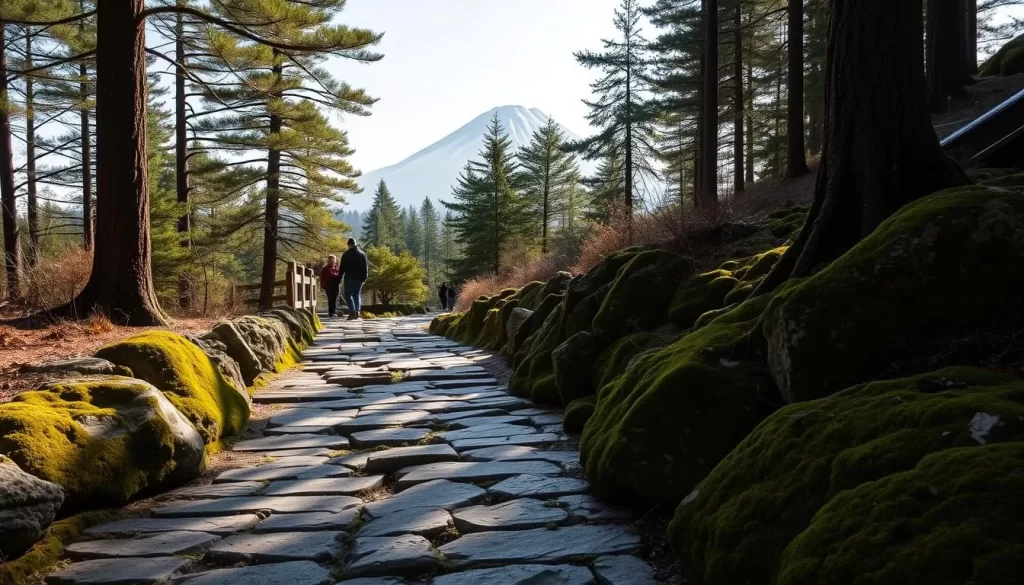 A weathered stone path winds its way through a serene, forested landscape, leading pilgrims on an ancient journey to a sacred mountain. Towering pines and vibrant moss-covered rocks line the trail, casting dappled sunlight upon the worn steps. In the distance, a glimpse of the majestic Hakusan volcano rises majestically, its snow-capped peak a testament to the enduring power of nature. The air is crisp and tranquil, inviting contemplation and a deeper connection with the spiritual essence of this hallowed place. A sense of timeless reverence permeates the scene, transporting the viewer to a realm where the divine and the earthly converge.