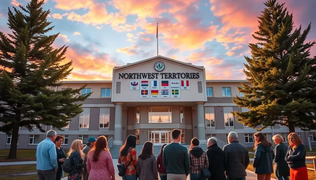 A well-designed official government building set against a vibrant sky, with a prominent sign displaying the diverse official languages of the Northwest Territories. In the foreground, a group of people from different backgrounds are gathered, engaged in conversation, reflecting the multilingual and multicultural nature of the region. The lighting is warm and natural, creating a welcoming atmosphere. The overall scene conveys a sense of unity, progress, and the collaborative efforts of the Official Languages Board.