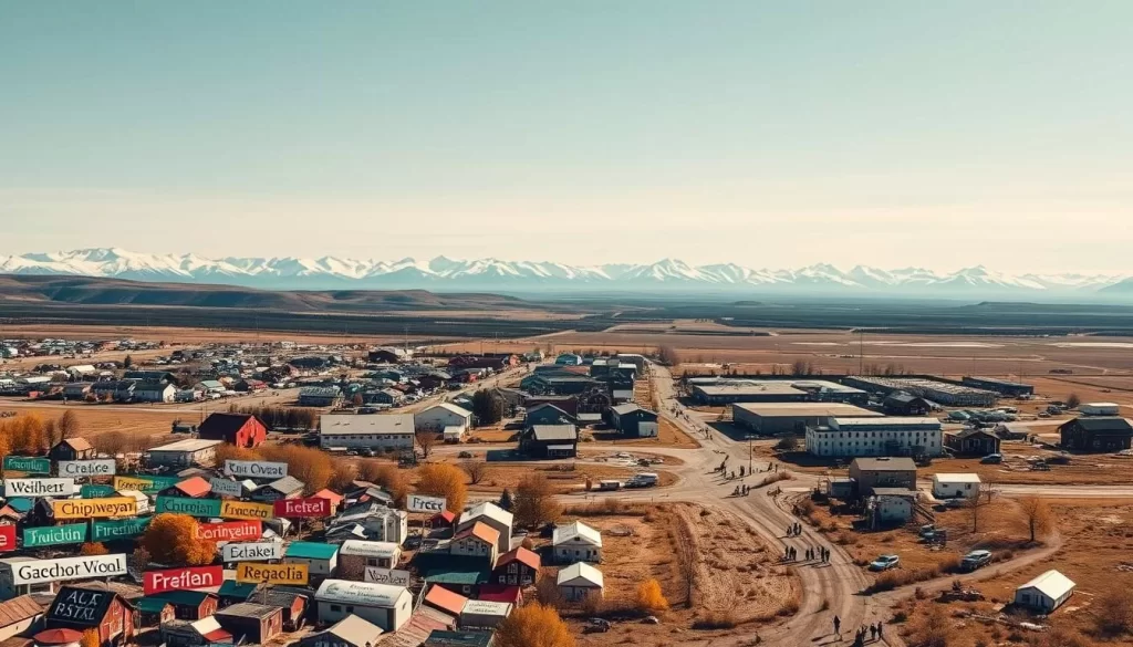 A wide panoramic landscape set in the Northwest Territories of Canada, capturing the diverse language distribution across its communities. In the foreground, a colorful mosaic of textured icons representing the region's official and widely spoken languages, including English, French, Chipewyan, Cree, Gwich'in, Inuinnaqtun, Inuktitut, and Slavey. The middle ground depicts a picturesque scene of bustling towns and villages, with traditional architecture and people going about their daily lives. In the background, snow-capped mountains and vast wilderness create a serene and majestic atmosphere, hinting at the vast and diverse cultural tapestry of the Northwest Territories. The lighting is warm and natural, capturing the sense of a bright, clear day.