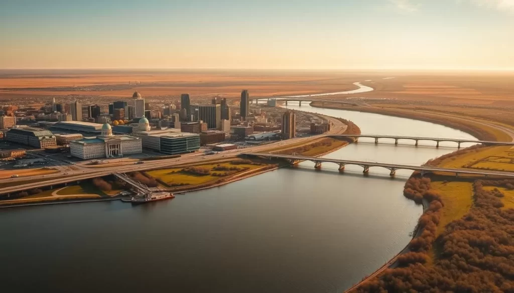 A wide, panoramic view of the city of Winnipeg, nestled along the junction of the Red and Assiniboine Rivers in the heart of the Canadian Prairies. The scene captures the city's downtown skyline, dominated by the iconic Canadian Museum for Human Rights and the historic Legislative Building, surrounded by a network of bridges connecting the north and south banks. In the foreground, the rivers wind through the cityscape, their waters reflecting the warm golden light of a sun-filled day. In the distance, the flat, fertile plains of Manitoba stretch out towards the horizon, hinting at the vast, untamed wilderness that has shaped Winnipeg's unique character and identity as the cultural and economic heart of the Canadian heartland.
