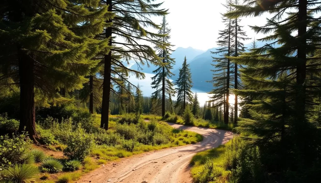 A winding dirt path winding through a lush, verdant landscape. Towering evergreen trees line the trail, their branches swaying gently in a soft breeze. Sunlight filters through the canopy, casting a warm, golden glow over the scene. In the distance, a picturesque bay comes into view, its calm waters reflecting the surrounding mountains. The atmosphere is peaceful and serene, inviting the viewer to embark on a tranquil journey through the wilderness.