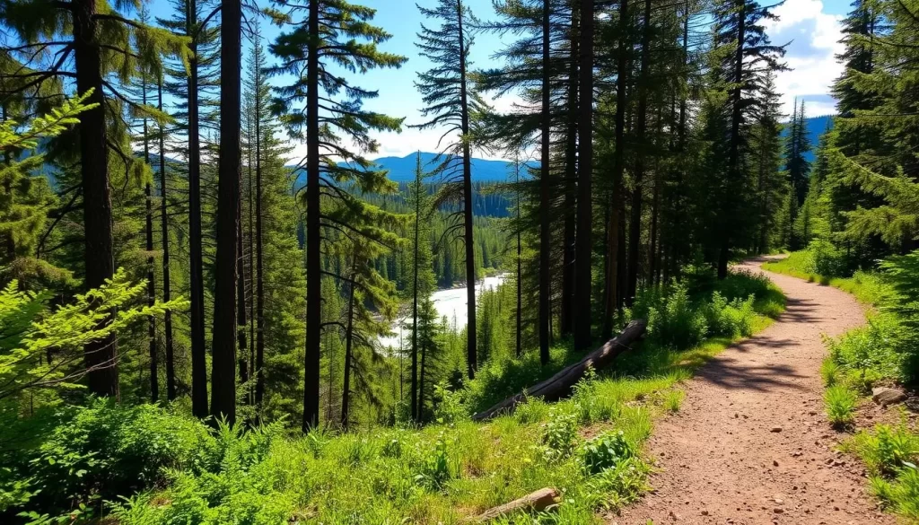 A winding hiking trail snakes through a lush, verdant forest in Pisew Falls Provincial Park. Towering pine and fir trees line the path, casting dappled sunlight on the packed earth below. In the foreground, a well-maintained trail leads hikers deeper into the wilderness, flanked by vibrant undergrowth and the occasional fallen log. The middle ground reveals a glimpse of a flowing river, its waters sparkling in the warm sunshine. Distant hills rise up in the background, their peaks shrouded in wispy clouds. The overall scene conveys a sense of peaceful tranquility, inviting visitors to immerse themselves in the natural beauty of this Manitoba gem.