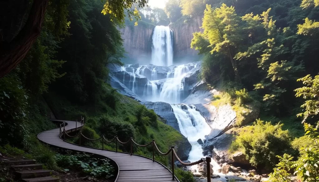 A winding path leading through a lush, verdant forest, opening up to reveal the majestic Cameron Falls cascading down a towering cliff face. Sunlight filters through the canopy, casting a warm, golden glow on the scene. The crystal-clear waters of the falls flow over rugged, weathered rocks, creating a mesmerizing display of natural power. In the foreground, a wooden bridge or viewing platform allows visitors to safely observe this stunning natural wonder. The surrounding landscape is dotted with vibrant flora, hinting at the diverse ecosystem thriving in this remote, pristine wilderness.