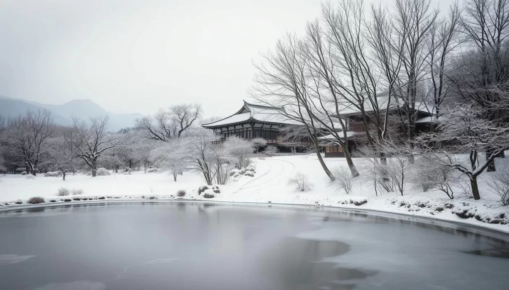 A winter landscape in Okayama, Japan, with a traditional Japanese-style villa nestled in a snowy garden. The foreground features a frozen pond partially covered in a thin layer of ice, reflecting the soft light from the overcast sky. In the middle ground, a path winding through a grove of bare, snow-dusted trees leads up to the villa, its tiled roof and wooden beams peeking out amidst the winter foliage. In the background, the distant mountains are shrouded in a hazy, ethereal mist, creating a serene and peaceful atmosphere. The scene is lit by the muted, diffused light of an overcast winter day, casting a tranquil and cozy mood over the entire landscape.