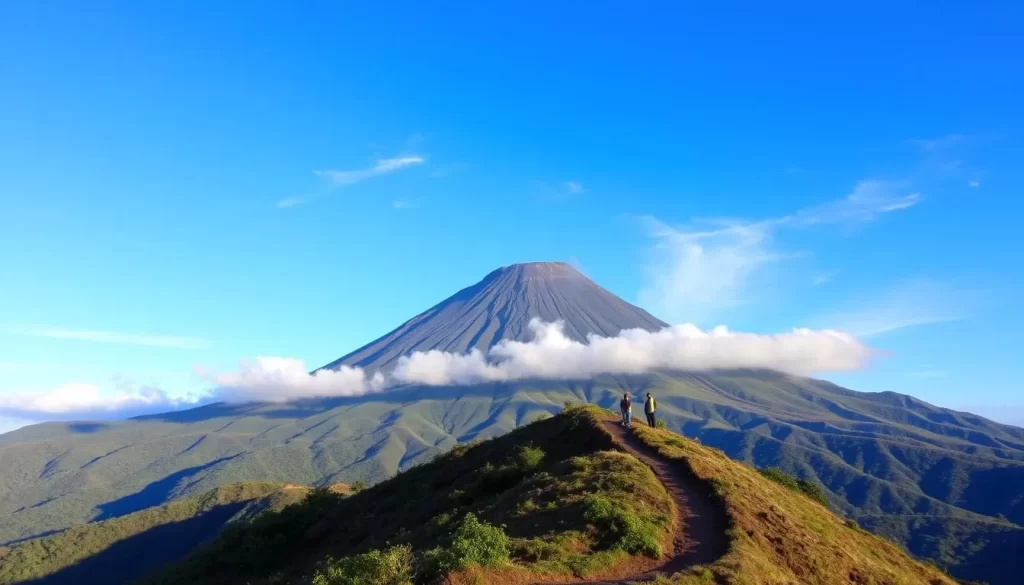 Acatenango Volcano, its majestic peak piercing the clear, azure sky. Wispy clouds drift lazily around the summit, casting soft shadows on the lush, verdant slopes below. The midday sun casts a warm, golden glow, illuminating the volcanic rock and sparse vegetation. In the foreground, a meandering hiking trail winds through the rugged terrain, leading adventurers towards the crater's edge. Gentle breezes caress the landscape, creating a serene and tranquil atmosphere, ideal for a safe and enjoyable trek to the summit.