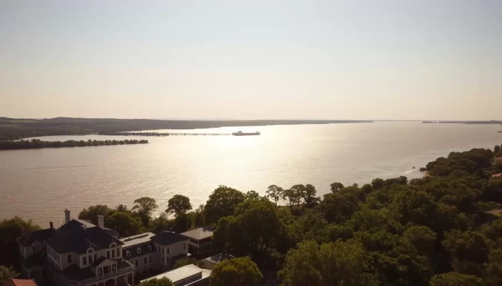 An awe-inspiring view of the mighty Mississippi River, its waters shimmering under the warm, golden sunlight. In the foreground, the historic Natchez riverfront comes into focus, with its stately antebellum mansions and bustling riverboat docks. The middle ground showcases the river's broad expanse, its banks dotted with towering cypress trees and lush vegetation. In the distance, the horizon is framed by rolling hills and a picturesque skyline, creating a serene and timeless scene. The composition is captured with a wide-angle lens, emphasizing the grandeur and scale of this iconic American waterway. The overall mood is one of tranquility and wonder, inviting the viewer to imagine the rich history and natural beauty of the oldest settlement on the Mississippi River.