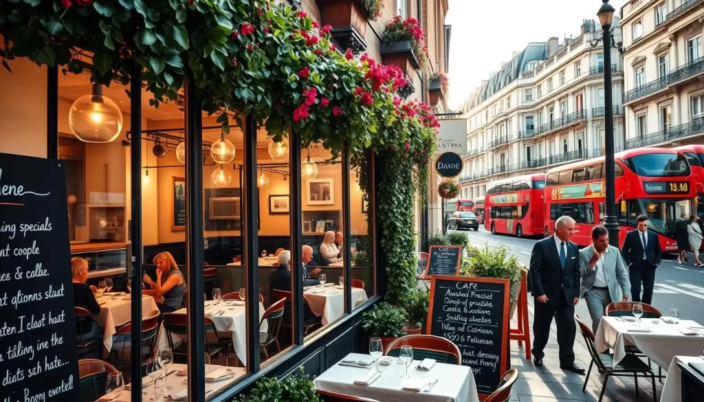 An elegant Italian cafe nestled on a picturesque London street, its facade adorned with verdant vines and colorful potted plants. Through the large windows, glimpse the warm, inviting ambiance within - pristine white tablecloths, gleaming silver cutlery, and patrons savoring authentic Italian dishes. The foreground features a chalkboard menu listing the day's specials, while the middle ground showcases the skilled chefs preparing traditional fare in an open kitchen. In the background, the bustling street scene unfolds, with iconic double-decker buses and well-dressed Londoners strolling by, capturing the融合of Italian traditions and British culture. Warm, golden sunlight floods the scene, creating a sense of timeless elegance and culinary delight.