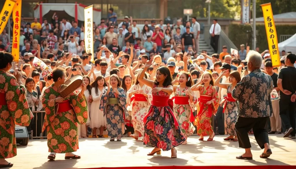 An energetic scene of a lively Ibaraki festival, with a vibrant performance unfolding on a stage. In the foreground, traditional Japanese musicians play their instruments, their colorful kimonos swaying as they move in rhythm. In the middle ground, a troupe of energetic dancers perform a spirited routine, their movements graceful and precise. The background is filled with a crowd of spectators, their faces alight with joy and enthusiasm. The lighting is warm and natural, casting a golden glow over the entire scene. The overall atmosphere is one of celebration, cultural richness, and community.