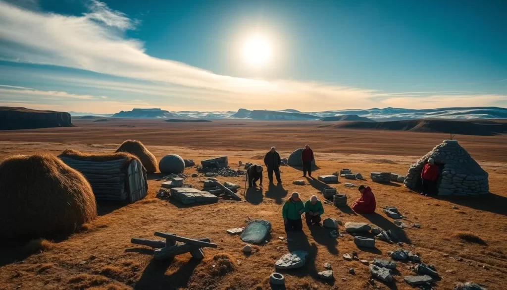 An expansive Inuit archaeological site nestled amidst the rugged Arctic landscape of Qaummaariit Territorial Park. The foreground features a collection of ancient sod houses and stone structures, their weathered exteriors bearing witness to centuries of history. In the middle ground, a group of Inuit elders examine remnants of stone tools and pottery, passing down their knowledge to younger generations. The background showcases the sweeping vistas of the park, with towering cliffs, rolling tundra, and a brilliant azure sky overhead, illuminated by the warm glow of the sun. The scene conveys a profound sense of timelessness and the enduring cultural heritage of the Inuit people.