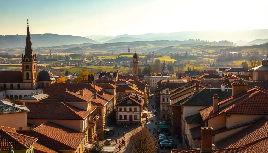 An expansive cityscape of Vranje, Serbia's hidden southern gem, unfolds under a warm, golden sun. In the foreground, narrow streets wind between picturesque pastel-hued buildings, their tiled roofs and ornate facades exuding a timeless charm. Towering church steeples and minarets pierce the skyline, casting long shadows over the bustling marketplace below. In the middle ground, the rolling hills of the surrounding countryside rise up, their verdant slopes dotted with clusters of traditional Serbian homes. The background is dominated by the majestic Rhodope Mountains, their jagged peaks bathed in a soft, ethereal light. An atmosphere of tranquility and history permeates the scene, inviting the viewer to explore Vranje's captivating blend of Eastern and Western influences.
