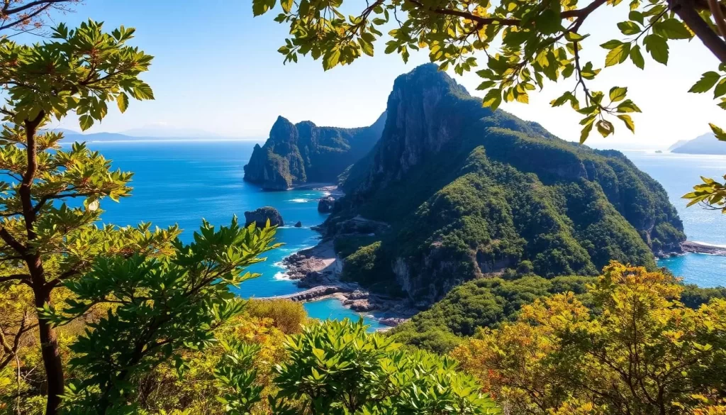 An expansive landscape of Tsushima Island, Japan, showcasing its natural beauty. In the foreground, a lush forest canopy of verdant foliage, filtered by warm, golden sunlight. The middle ground reveals a picturesque bay, its crystalline waters gently lapping against the rocky shoreline. Towering, moss-covered cliffs rise majestically in the background, their rugged peaks piercing the azure sky. A gentle breeze rustles the leaves, creating a serene, tranquil atmosphere. Capture the essence of this hidden gem, where nature's splendor is on full display.