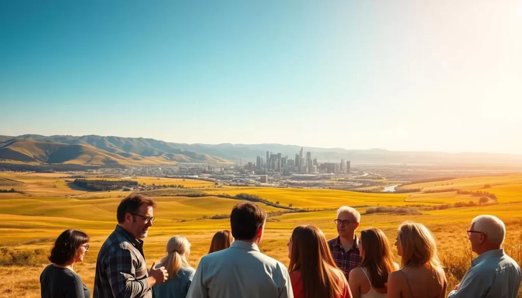 An expansive landscape of rolling hills and lush meadows, set against the backdrop of a clear blue sky. In the foreground, a group of people engaged in lively conversation, their faces and gestures animated as they exchange ideas in the English language, the official tongue of Alberta. The middle ground features a bustling city skyline, its modern buildings and infrastructure a testament to the region's vibrant economy and diverse population. Warm, golden sunlight filters through, casting a welcoming glow over the scene. The overall atmosphere conveys a sense of progress, community, and the enduring importance of the English language in shaping the cultural identity of this Canadian province.