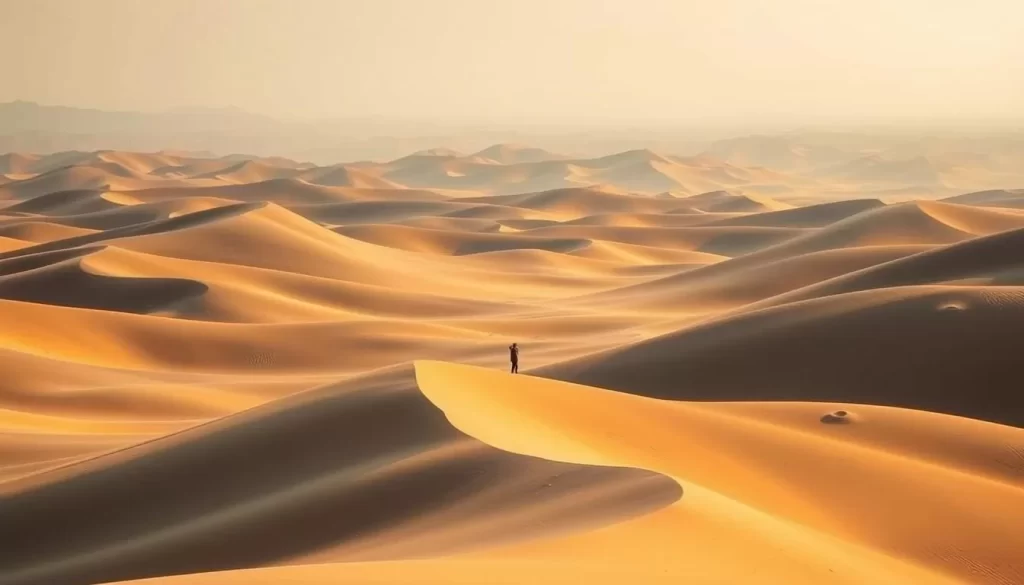 An expansive, sun-drenched landscape of undulating sand dunes, the Tottori Sand Dunes stretch as far as the eye can see. Warm, golden light bathes the gently sloping hills, casting long shadows and accentuating the dramatic curves of the terrain. In the middle ground, a lone figure stands amid the dunes, providing a sense of scale and emphasizing the sheer magnitude of this natural wonder. The background fades into a hazy, cerulean sky, creating a serene and tranquil atmosphere. Capture the breathtaking beauty of this iconic Japanese destination, where the elements and the earth have converged to form a captivating and awe-inspiring scene.