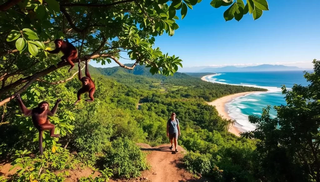 An expansive tropical paradise, Cahuita National Park in Costa Rica: lush, verdant rainforest canopy blanketing rolling hills, sun-dappled trails winding through the undergrowth, a pristine Caribbean beach glittering with golden sand and lapping turquoise waves. In the foreground, a group of curious howler monkeys swinging from the branches, while in the middle ground, a hiker explores the park's well-marked paths, taking in the sights and sounds of this ecological wonderland. The background features the distant, hazy outline of the Talamanca mountain range, its peaks rising majestically against a clear, azure sky. The overall scene conveys a sense of tranquility, adventure, and the beauty of Costa Rica's natural splendor.