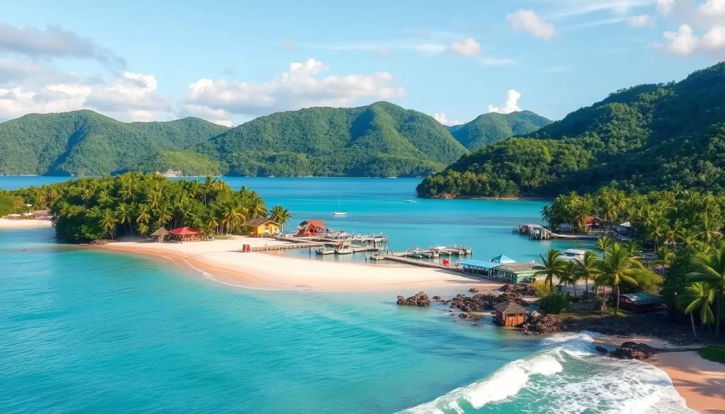 An expansive tropical paradise nestled amidst turquoise waters and lush verdant foliage, Bocas del Toro presents a captivating scene. In the foreground, crystalline waves gently lap against pristine white sand beaches, dotted with swaying palm trees. The middle ground reveals colorful wooden houses and docks, their vibrant hues reflecting in the tranquil lagoon. Soaring in the background, lush jungle-clad hills rise up, their emerald canopies touched by warm, golden sunlight. A sense of peaceful tranquility and natural harmony permeates the air, inviting the viewer to immerse themselves in this tropical paradise.