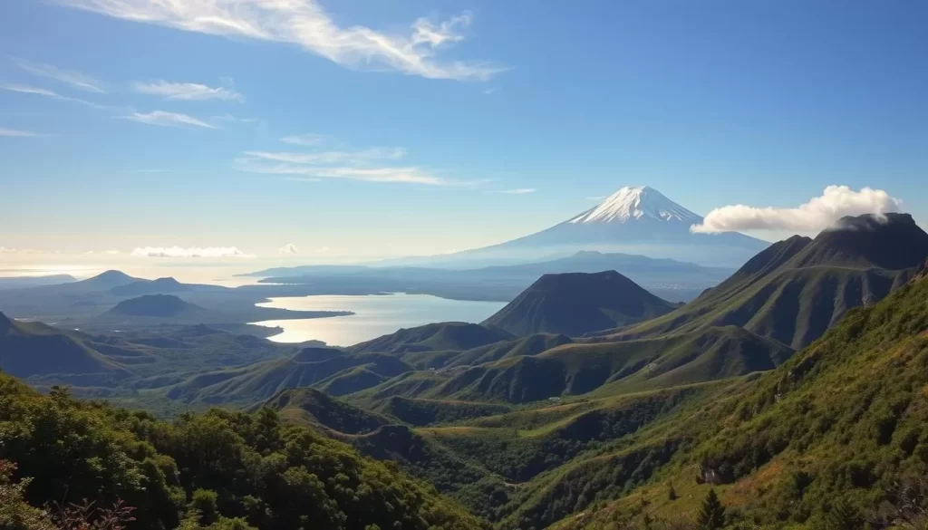 An expansive volcanic landscape dominates the Izu Islands, with rugged peaks and steep cliffs carving dramatic shapes against the clear sky. In the foreground, a lush, verdant forest clings to the slopes, its canopy shimmering in the warm, golden light. Wispy clouds drift overhead, casting soft shadows on the undulating terrain below. In the middle distance, a glistening lake reflects the towering volcanic cones, their slopes adorned with patches of vibrant wildflowers. The background is dominated by the magnificent, snow-capped peak of Mount Fuji, its majestic presence looming over the entire scene. The overall atmosphere is one of serene, natural beauty, inviting the viewer to explore the wonders of this remarkable volcanic archipelago.