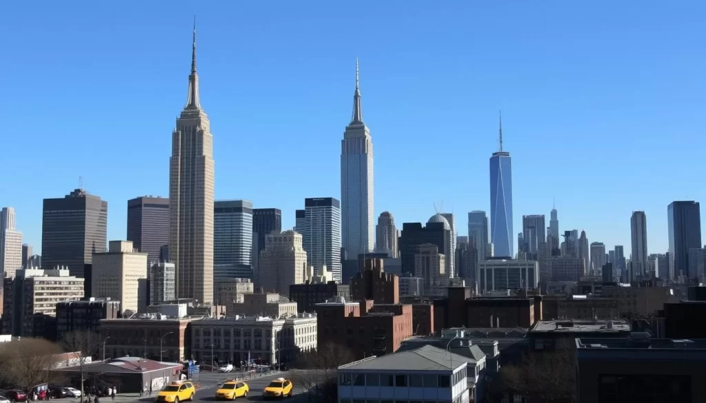 An iconic skyline of skyscrapers and towering landmarks against a crisp, blue sky. In the foreground, the bustling streets of Manhattan teem with yellow cabs, pedestrians, and the energy of urban life. The middle ground features the majestic Empire State Building and Chrysler Building, their art deco designs gleaming in the sunlight. In the distance, the imposing silhouettes of the Freedom Tower and other modern high-rises create a dramatic skyline. Capture the grandeur, diversity, and vibrant spirit of New York City, the quintessential metropolitan destination.