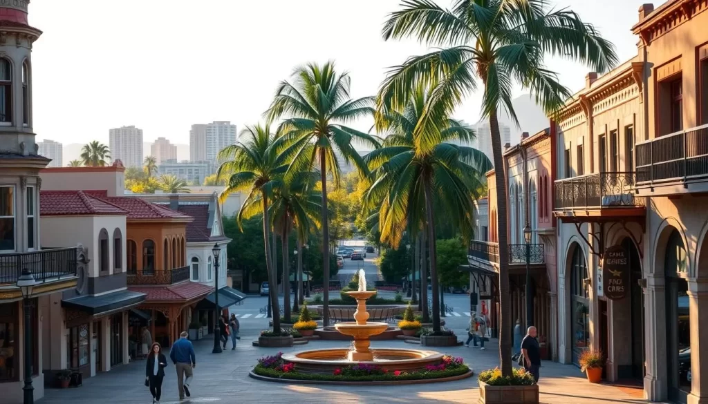 An idyllic cityscape of Santa Ana, California, bathed in warm, golden sunlight. In the foreground, a charming street lined with quaint, historic buildings, their facades adorned with intricate architectural details. Pedestrians stroll leisurely, capturing the relaxed atmosphere. In the middle ground, a tranquil plaza with a central fountain, surrounded by lush greenery and vibrant floral arrangements. In the background, the silhouettes of palm trees sway gently, framing the skyline dotted with modern high-rises, hinting at the city's blend of old and new. The scene exudes a sense of inviting, authentic charm, reflecting the unique character of Santa Ana.
