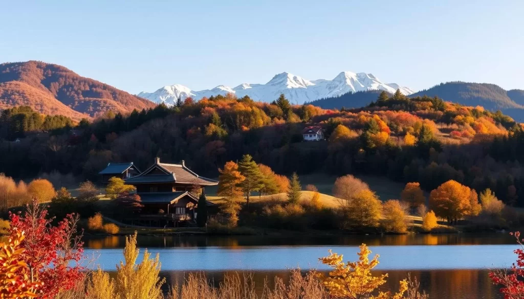 An idyllic landscape of Iwate Prefecture, Japan, bathed in warm, golden light. In the foreground, a tranquil lake reflects the surrounding hills and forests, dotted with vibrant autumn foliage. The middle ground features a traditional Japanese farmhouse, its tiled roof and wooden beams blending seamlessly with the natural environment. In the distance, snow-capped mountains rise majestically, their peaks piercing the clear, azure sky. The scene conveys a sense of serene harmony, where nature and human habitation coexist in perfect balance. Capture this scenic beauty with a wide-angle lens, using soft, diffused lighting to accentuate the rich textures and colors of the landscape.