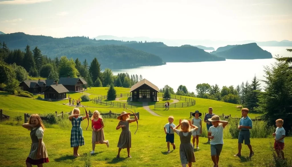 An idyllic scene of an English-style summer camp nestled among the lush, verdant hills of the San Juan Islands, Washington. In the foreground, a group of children in period-appropriate attire engage in traditional outdoor activities like archery, croquet, and sack races, their laughter and joy palpable. In the middle ground, a cluster of rustic wooden cabins and a grand central pavilion stand in harmony with the natural surroundings, while in the background, the calm waters of the Puget Sound shimmer under the warm afternoon sun. The scene is bathed in a soft, golden light, evoking a sense of timeless nostalgia and the enduring appeal of outdoor exploration and adventure.