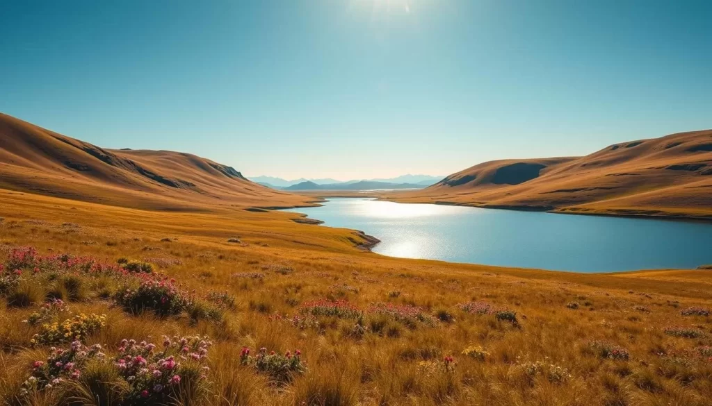 An idyllic summer scene in Ukkusiksalik National Park, Nunavut. A pristine landscape of rolling tundra, dotted with vibrant wildflowers, under a bright, clear sky. In the middle ground, a tranquil lake reflects the surrounding hills and distant mountains. A gentle breeze rustles the grasses, creating a serene, peaceful atmosphere. The warm, golden light bathes the scene, casting soft shadows and highlighting the natural textures. Capture the essence of this stunning northern wilderness, showcasing the beauty and tranquility of Ukkusiksalik during the summer months.