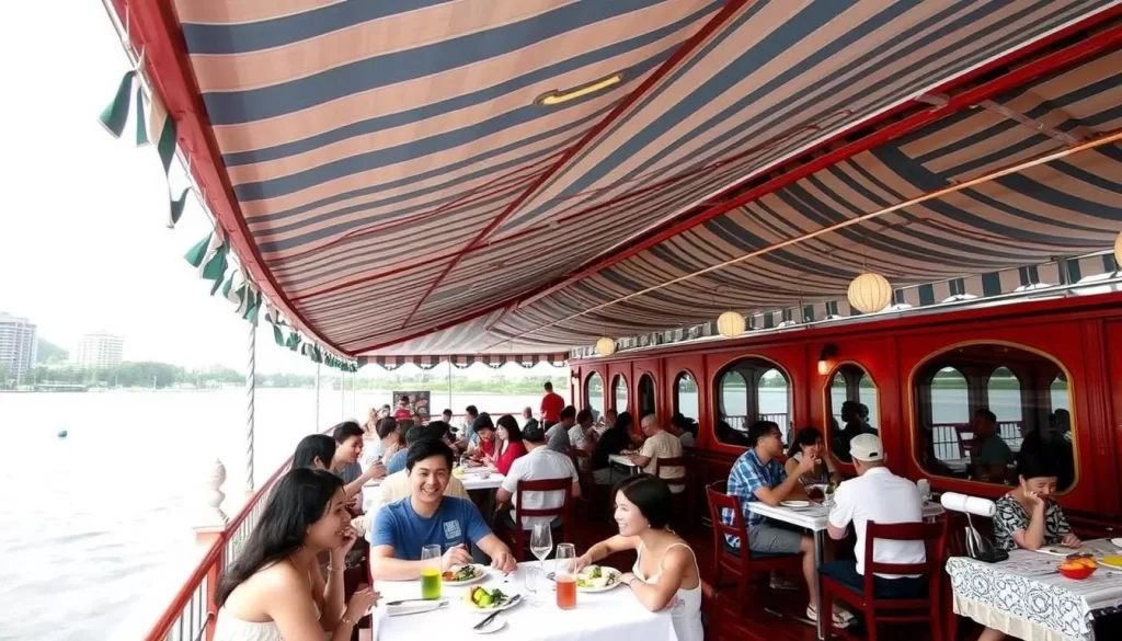 An image of Barge East's breezy canopy on deck with diners enjoying their meal.