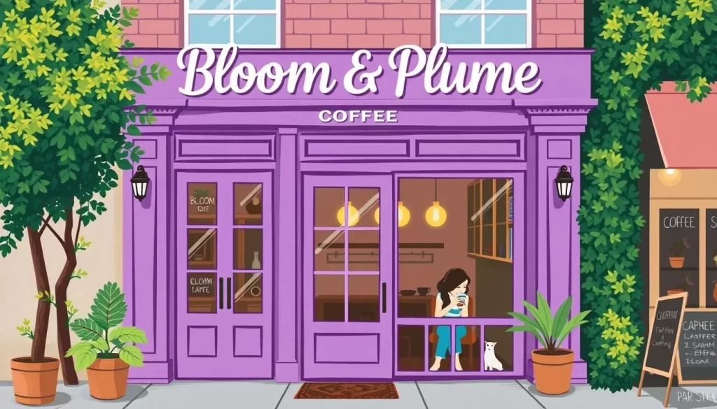 An image of Bloom & Plume Coffee's exterior with its purple facade and a customer enjoying a drink inside.