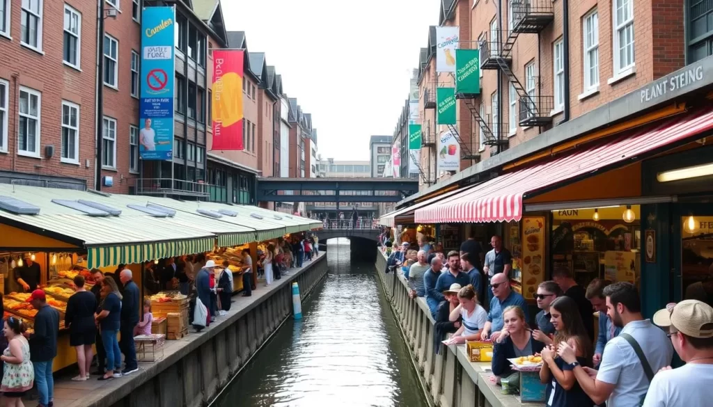 An image of Camden Market's vibrant food stalls by the canal, with people enjoying various street foods.