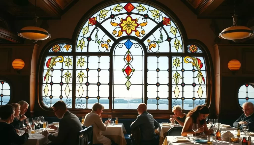 An image of Caravel's interior with its stained glass window and diners.