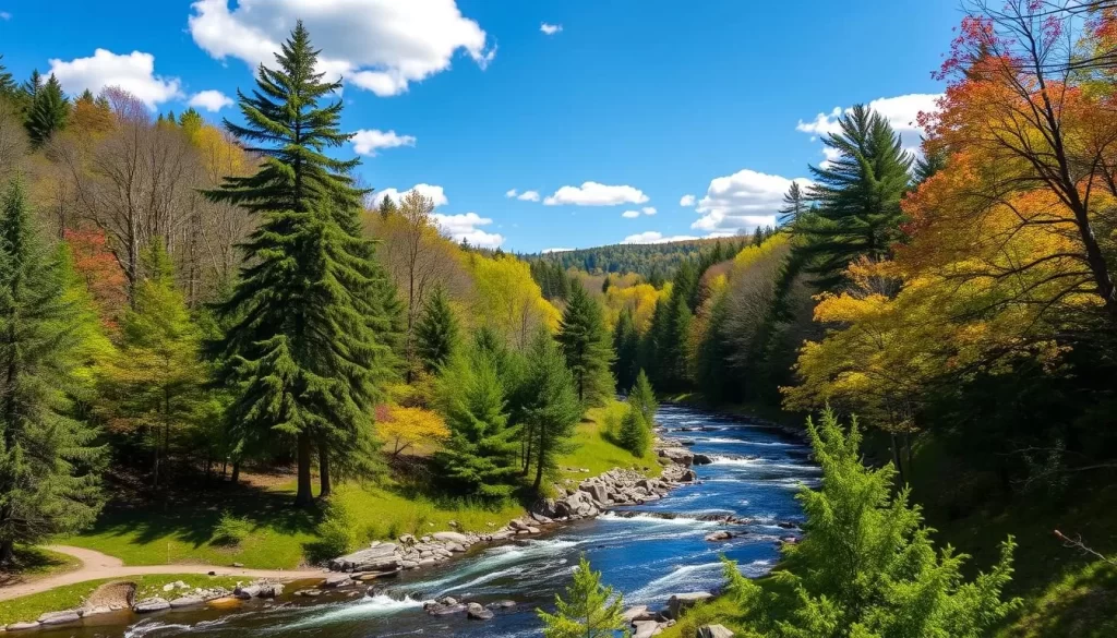 An image of Cascade Park in Woodstock, New Hampshire, showing the Pemigewasset River and surrounding landscape.
