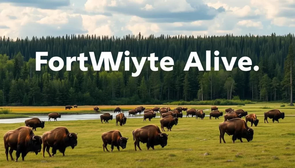 An image of FortWhyte Alive's diverse landscape, including forests, wetlands, and roaming bison.