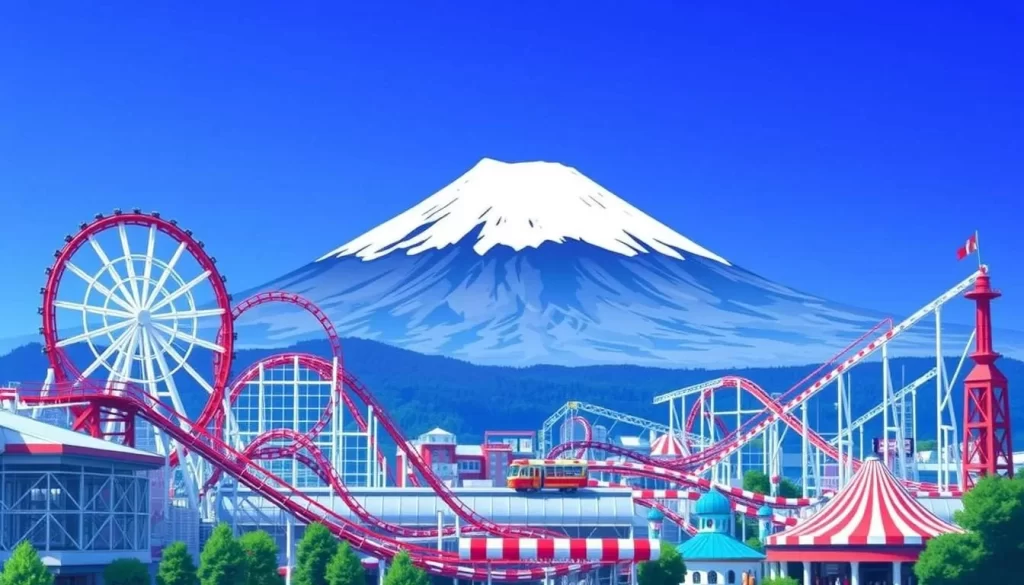 An image of Fuji-Q Highland Amusement Park with its roller coasters and other thrilling rides against the backdrop of Mount Fuji.