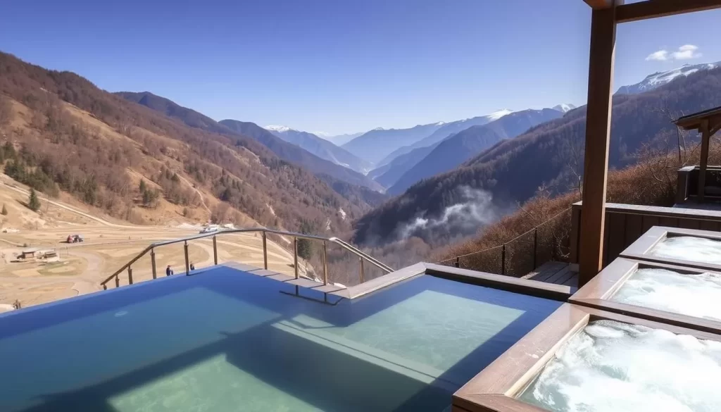 An image of Iya Onsen's open-air baths perched on the valley slope, with spectacular views of the surrounding mountains.