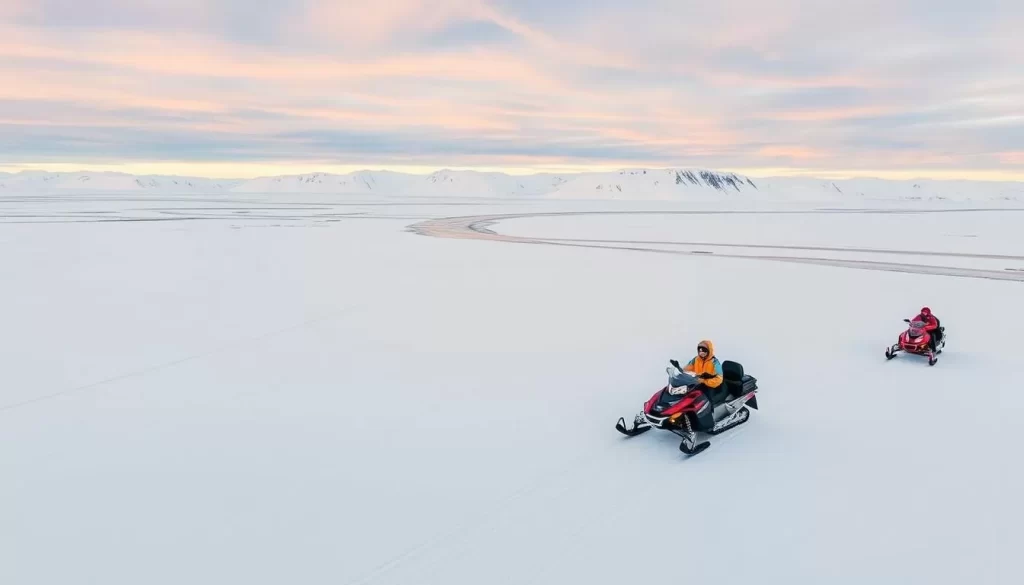 An image of Katannilik Territorial Park's vast tundra and frozen rivers, with snowmobiles traversing the landscape.