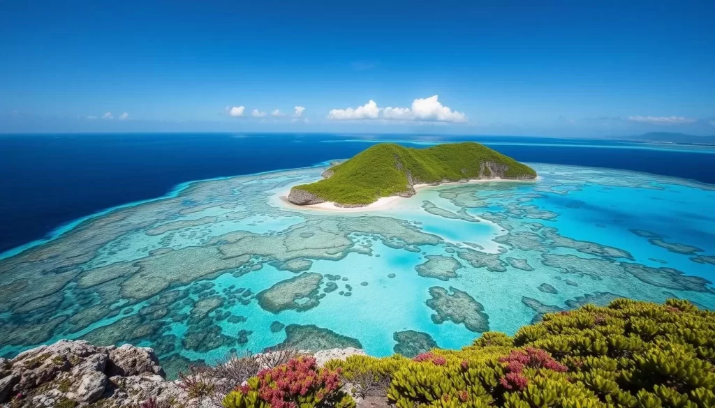 An image of Kikaijima Island's elevated coral reef landscapes with crystal-clear waters and lush greenery.