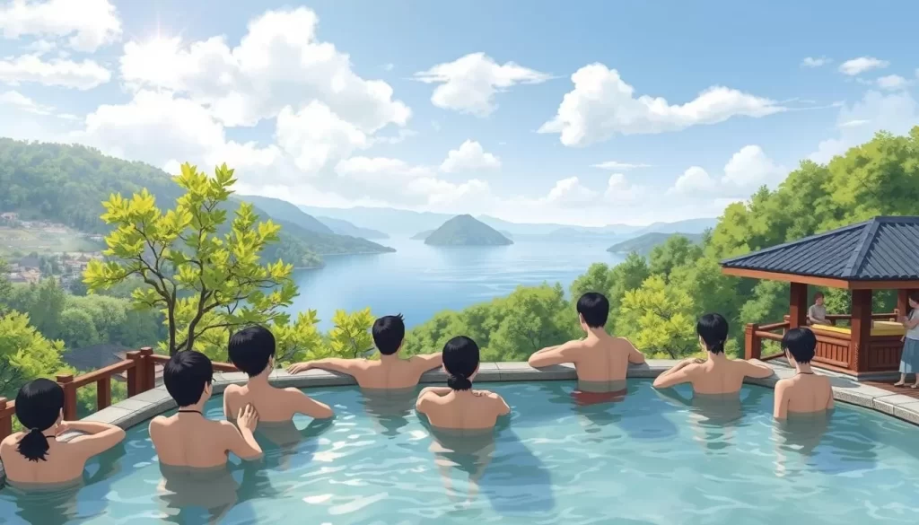 An image of Kotan Onsen with visitors enjoying open-air bathing, overlooking Kussharo Lake.