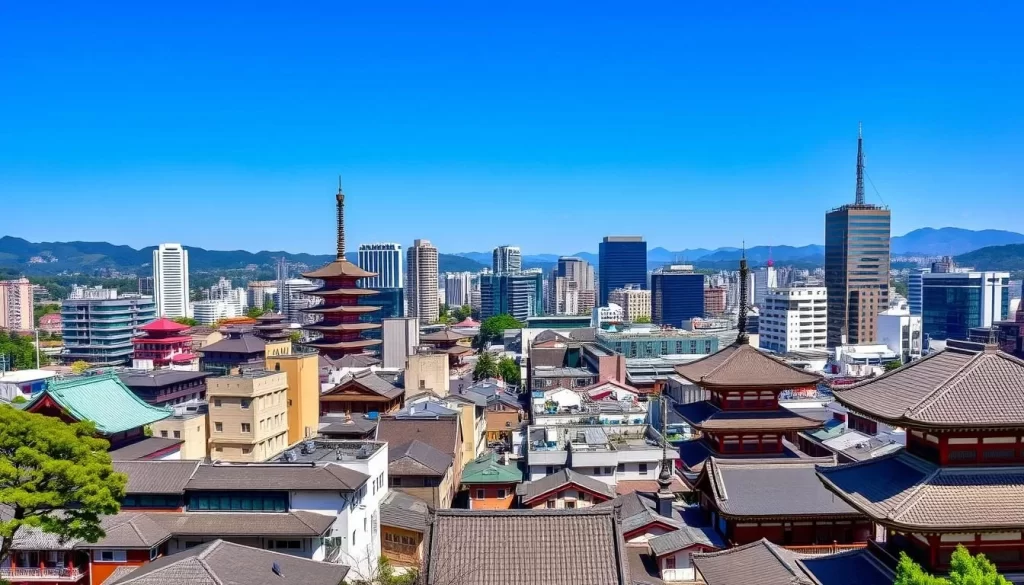 An image of Kyoto's cityscape with traditional temples and modern architecture.