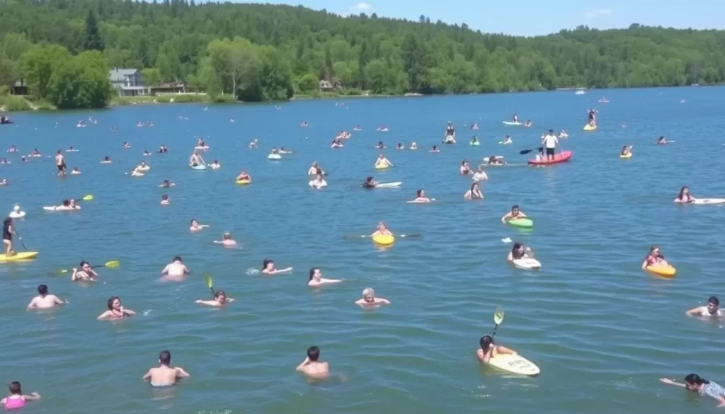 An image of Lake Winona with people engaging in various water activities.