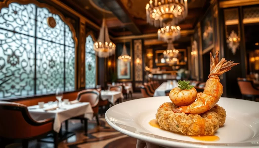 An image of Mitr Thai's luxurious interior or their signature shrimp-and-betel fritter