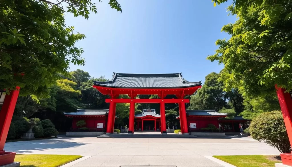 An image of Miyazaki Jingu Shrine's vermilion torii gate surrounded by lush greenery.
