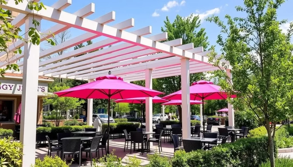 An image of Peggy Jean's outdoor seating area with pergolas and pink umbrellas.