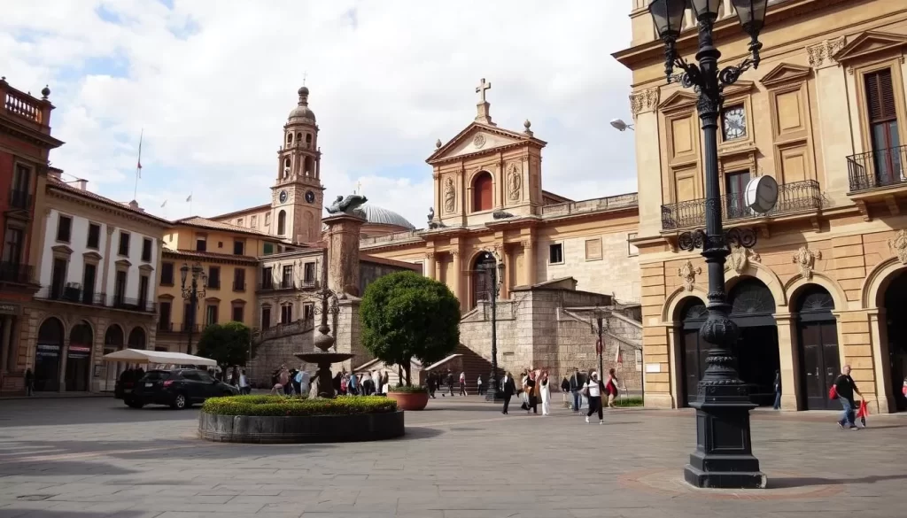 An image of Plaza Mayor surrounded by the ruins of the Santiago Apostle Temple, highlighting the historical significance of the area.