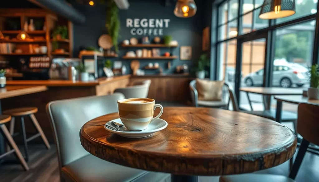 An image of Regent Coffee's interior with a cup of coffee on a wooden table.