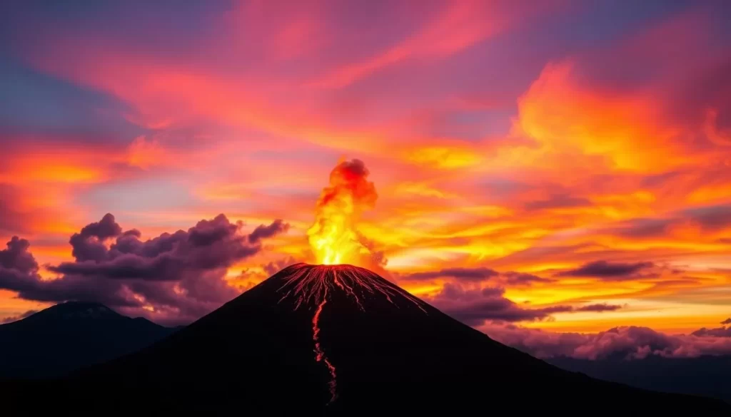 An image of Sakurajima Volcano erupting at sunset