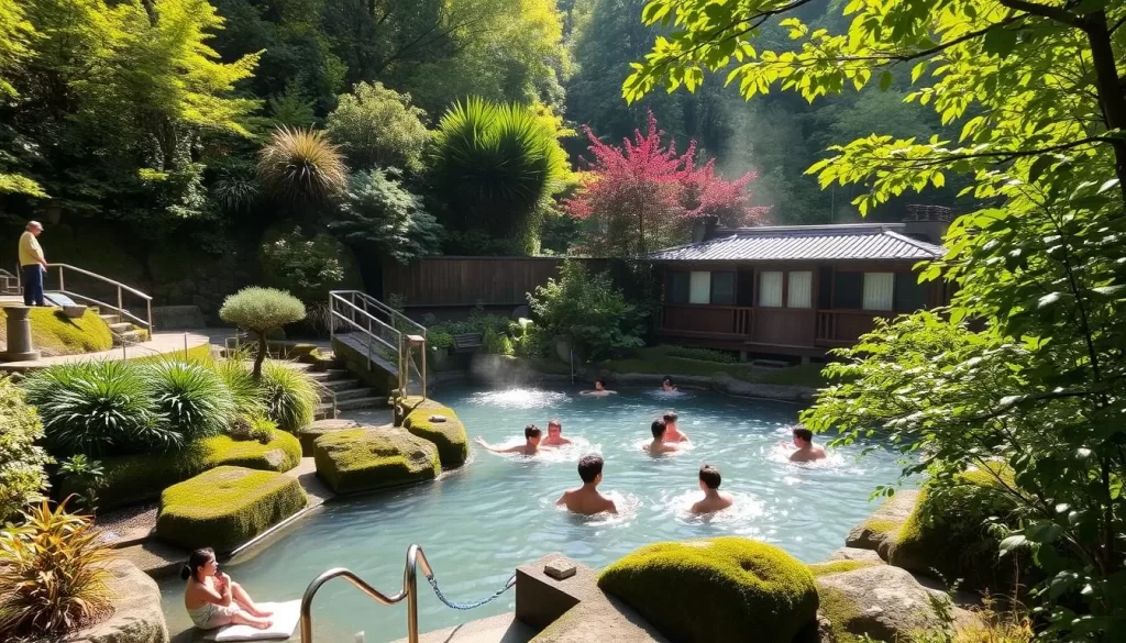 An image of Sanko Onsen surrounded by lush greenery, with visitors soaking in the hot springs.