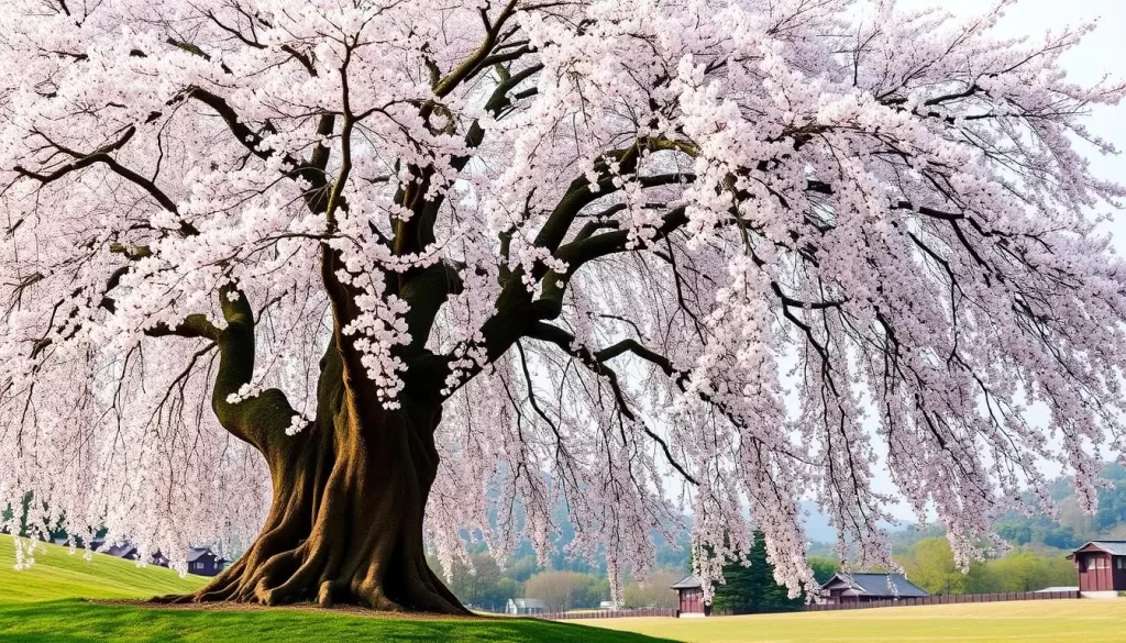 An image of Takizakura, a weeping cherry tree in Miharu, Japan, over 1,000 years old.