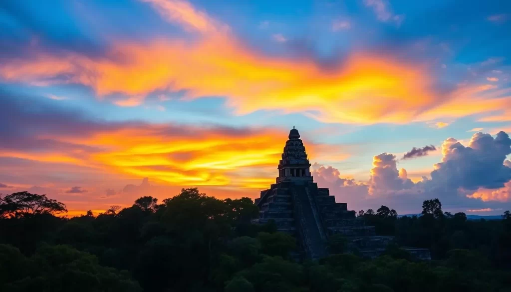 An image of Tikal National Park's iconic Temple I (Temple of the Grand Jaguar) at sunrise.